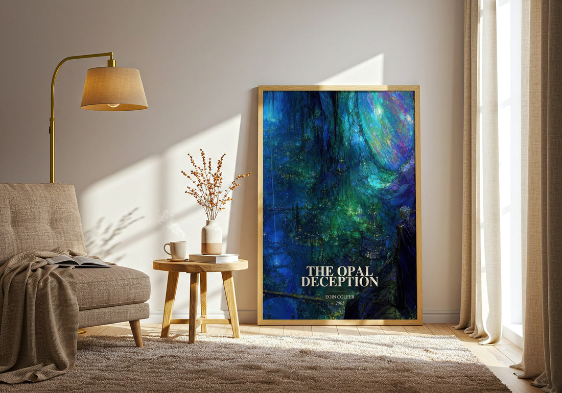 The Opal Deception watercolour print in frame leaning in hallway – fantasy wall art (mockup)
