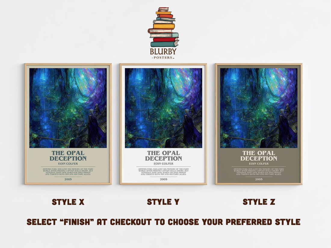 The Opal Deception bookish print in frame leaning in hallway – fantasy wall art (mockup)