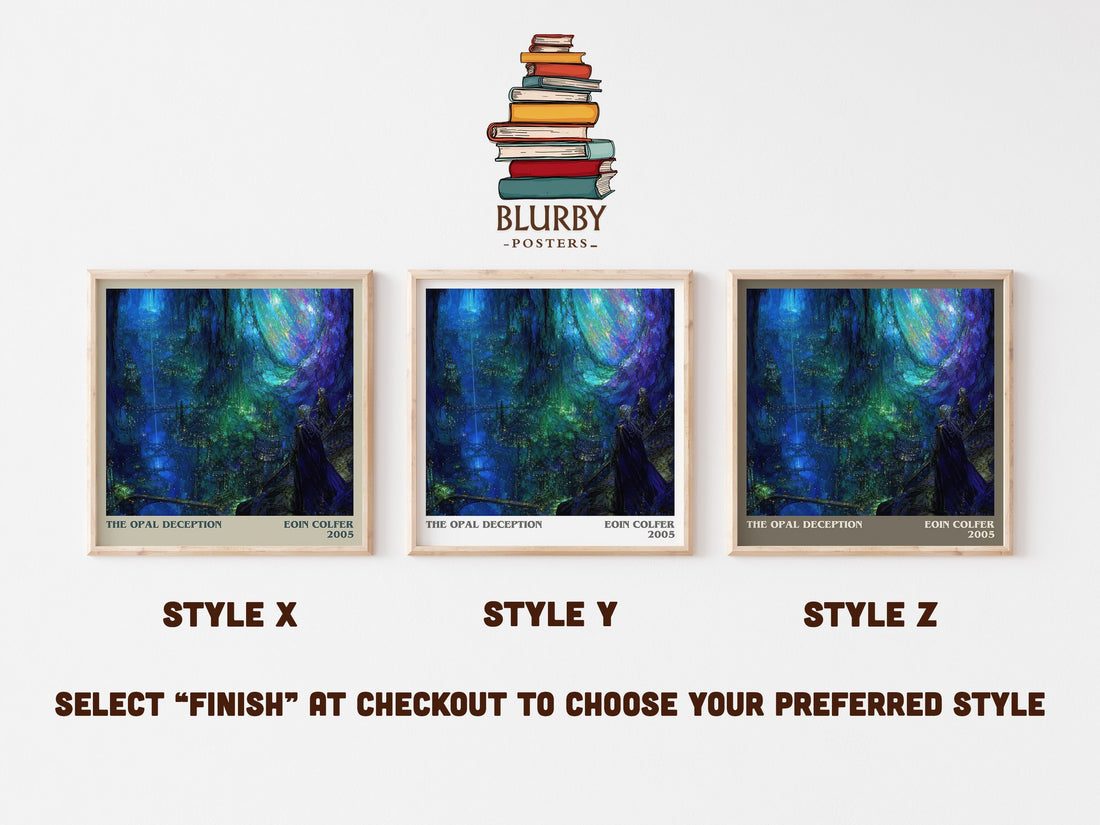 The Opal Deception literary print in frame leaning in hallway – fantasy wall art (mockup)