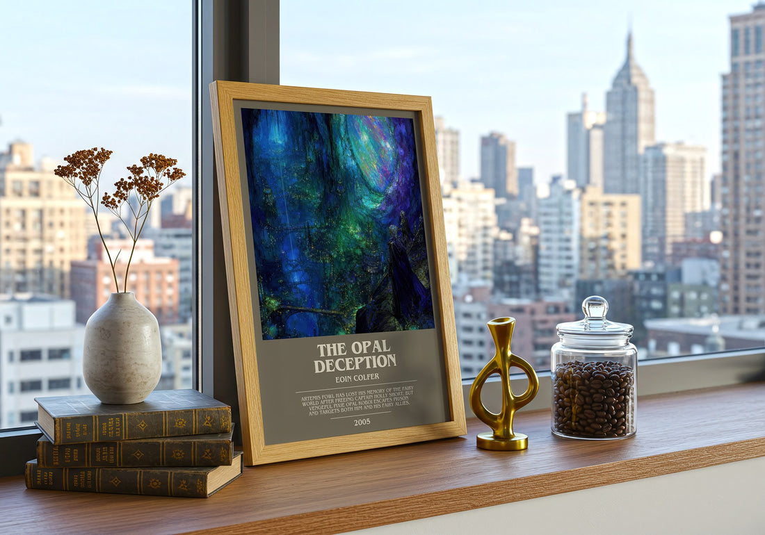 The Opal Deception bookish print framed by window – literary home decor