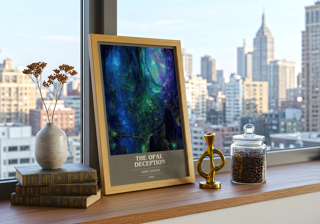 The Opal Deception book cover print framed by window – literary home decor