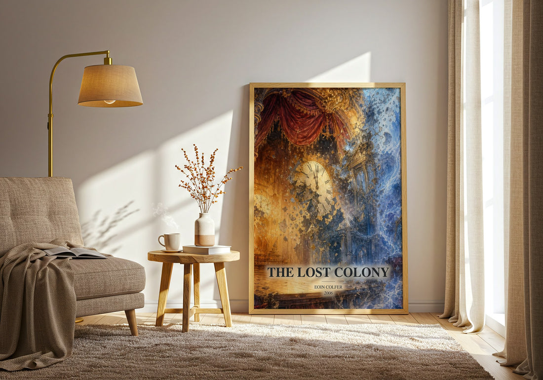 The Lost Colony watercolour print in frame leaning in hallway – sci fi wall art (mockup)
