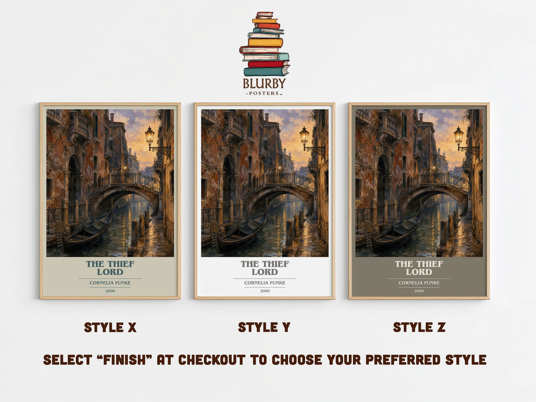 The Thief Lord book cover print in frame leaning in hallway – childrens wall art (mockup)