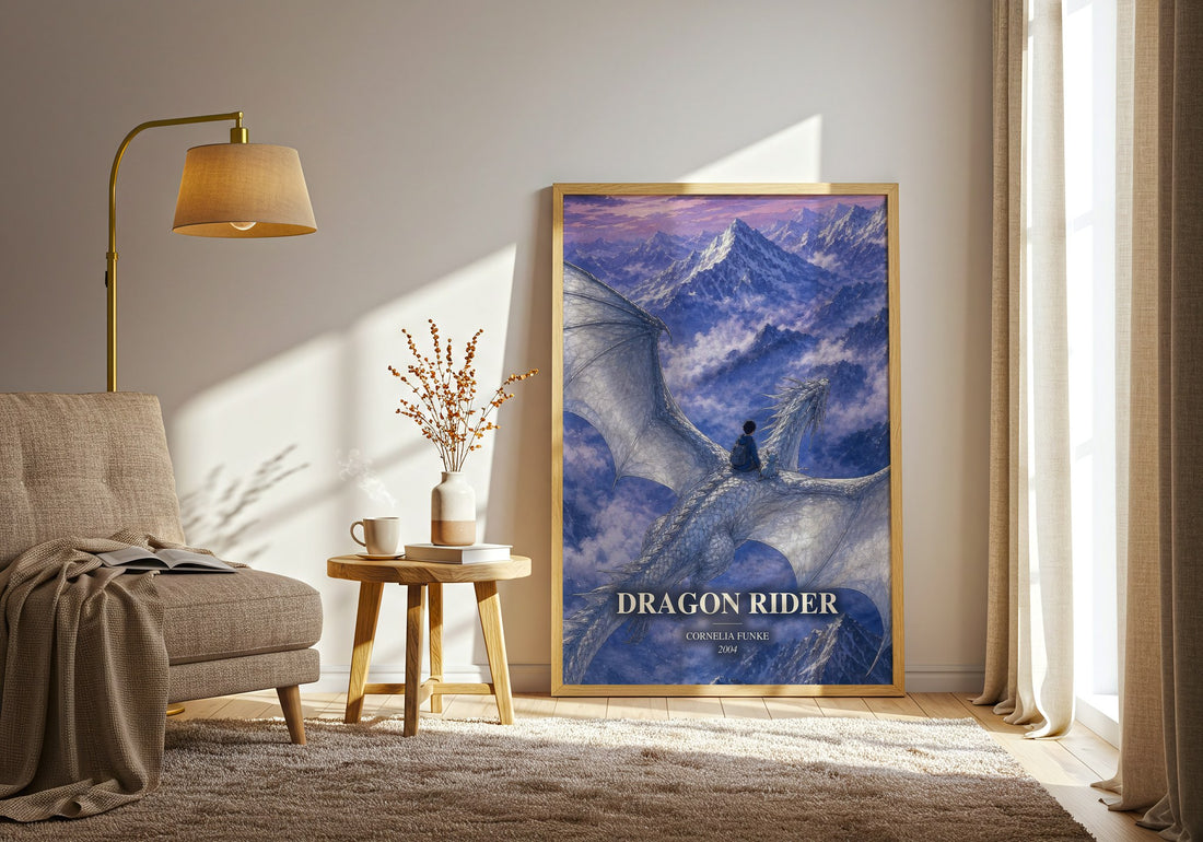Dragon Rider watercolour print in frame leaning in hallway – fantasy wall art (mockup)