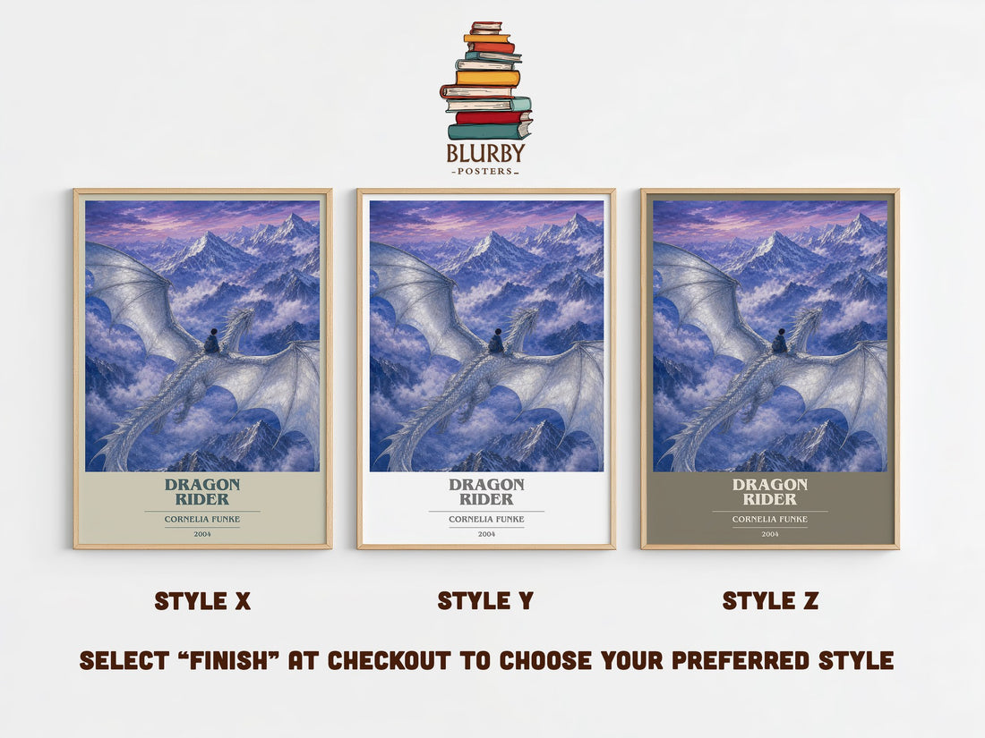 Dragon Rider book cover print in frame leaning in hallway – fantasy wall art (mockup)