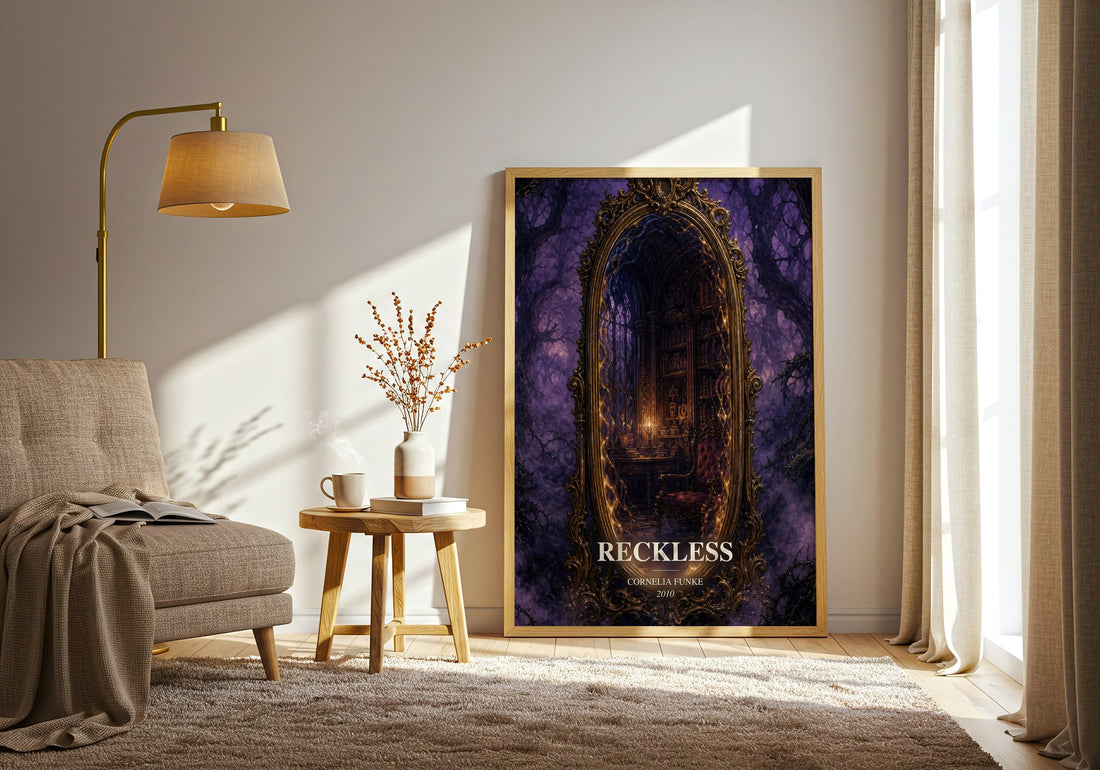 Reckless watercolour print in frame leaning in hallway – fantasy wall art (mockup)