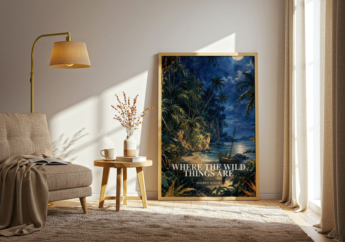 Where the Wild Things Are watercolour print in frame leaning in hallway – childrens wall art (mockup)