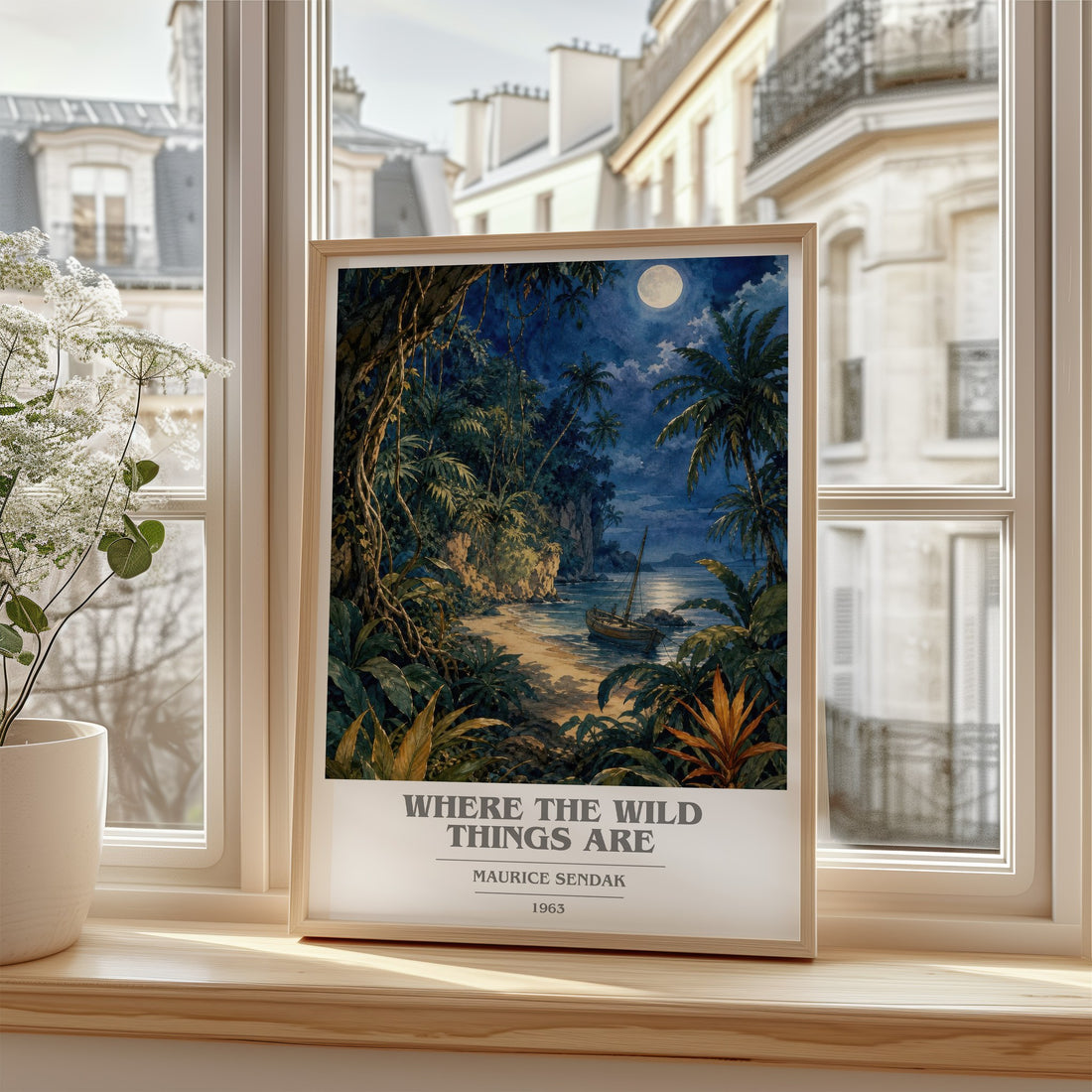 Where the Wild Things Are Book Cover Poster by Maurice Sendak – framed print by a bright window