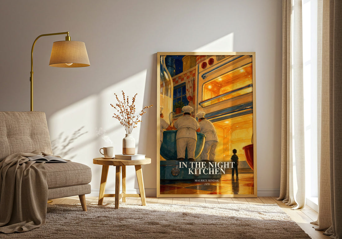 In the Night Kitchen watercolour print in frame leaning in hallway – childrens wall art (mockup)