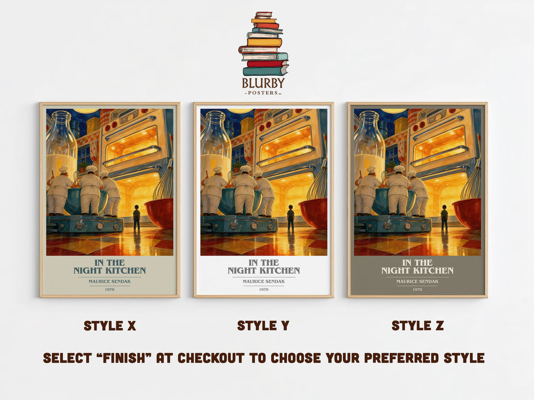 In the Night Kitchen book cover print in frame leaning in hallway – childrens wall art (mockup)