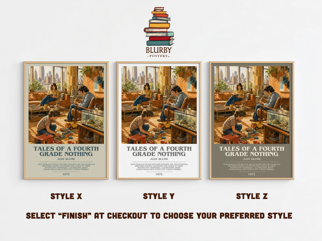 Tales of a Fourth Grade Nothing bookish print in frame leaning in hallway – childrens wall art (mockup)