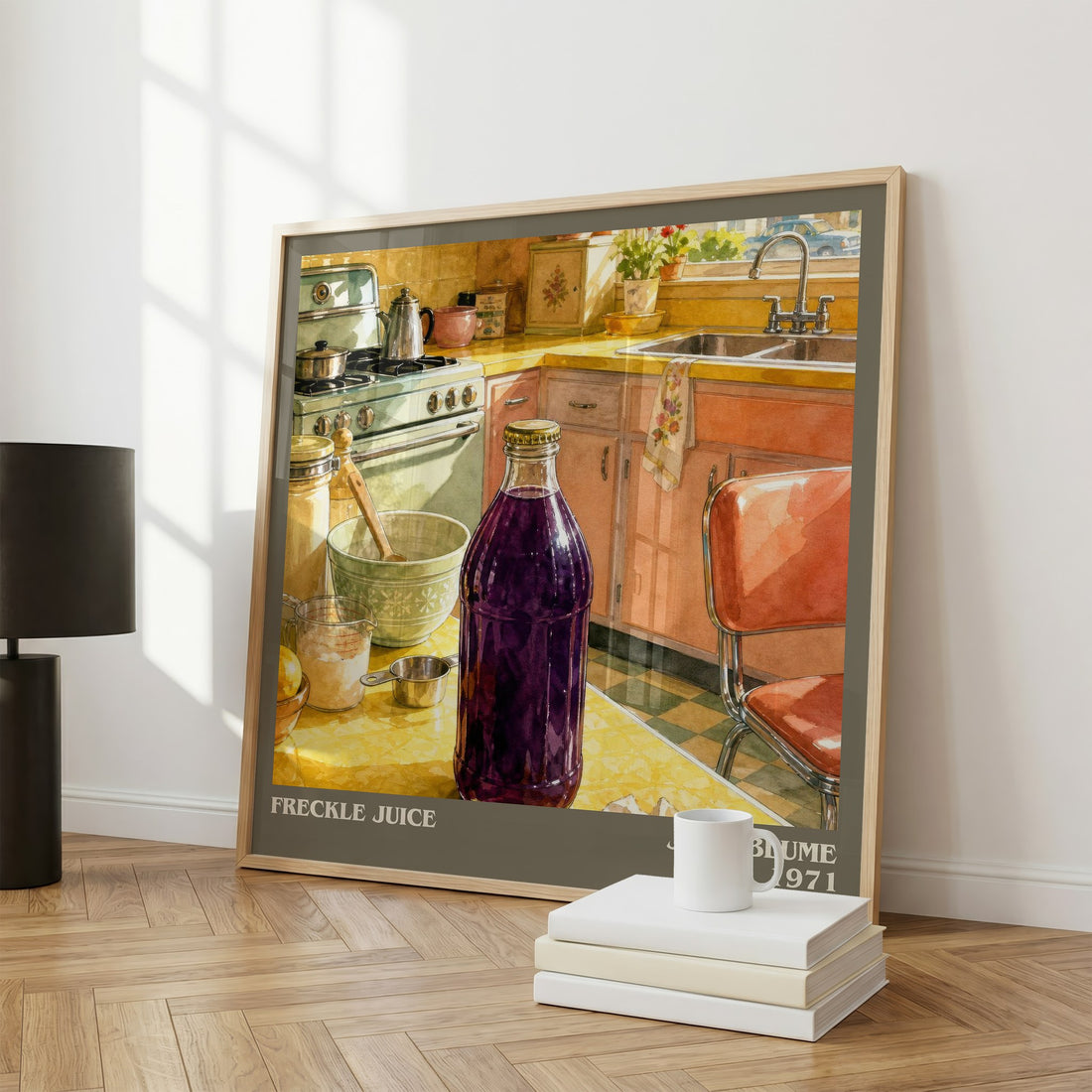 Freckle Juice Literary Art Print by Judy Blume – large square framed print leaning against a wall