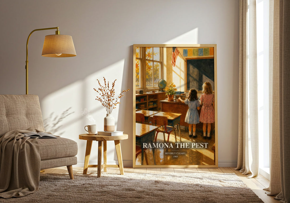 Ramona the Pest watercolour print in frame leaning in hallway – childrens wall art (mockup)
