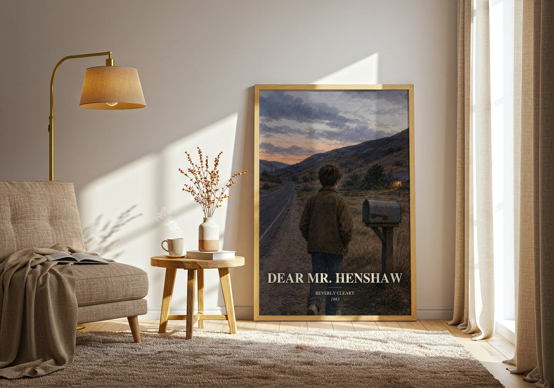 Dear Mr. Henshaw watercolour print in frame leaning in hallway – childrens wall art (mockup)