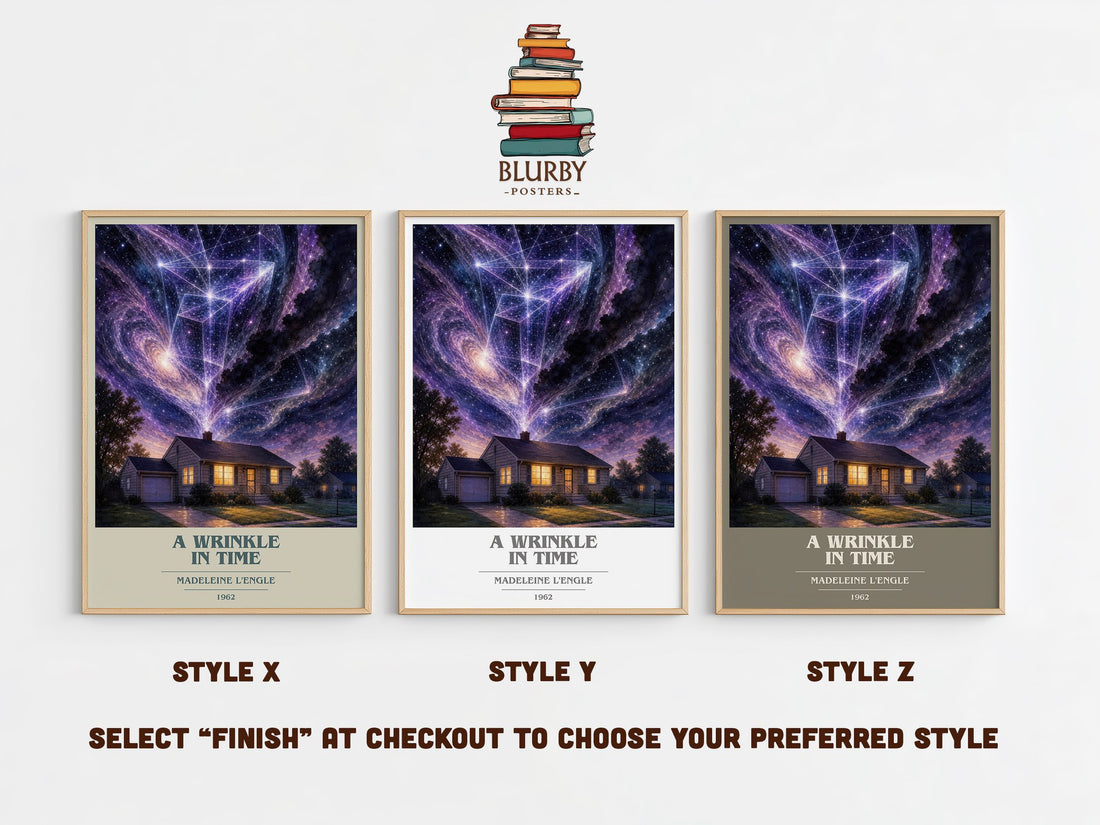 A Wrinkle in Time book cover print in frame leaning in hallway – sci fi wall art (mockup)