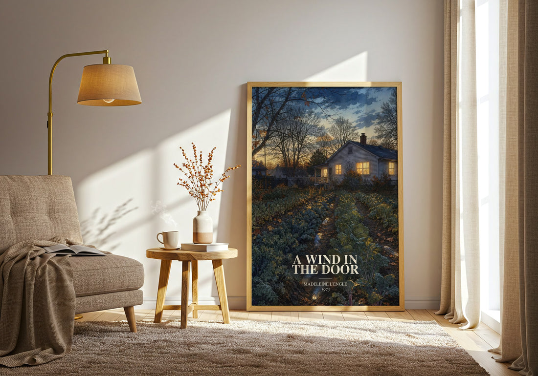 A Wind in the Door watercolour print in frame leaning in hallway – young adult wall art (mockup)