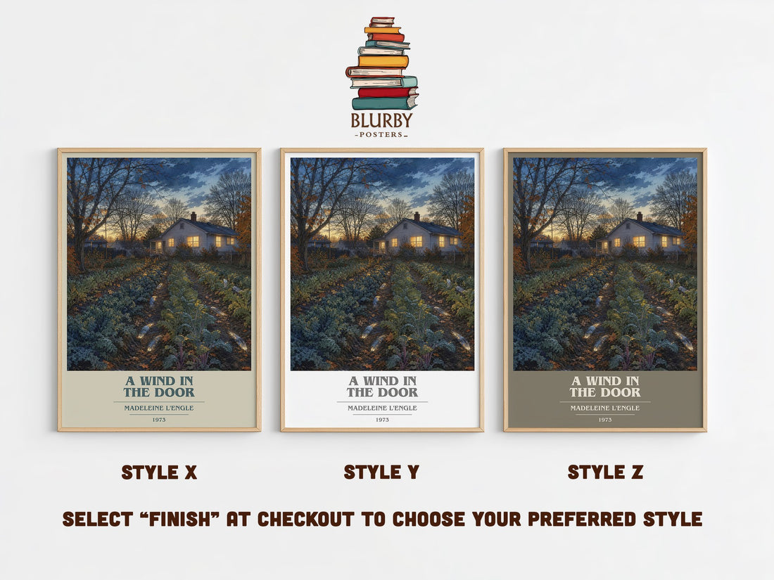 A Wind in the Door book cover print in frame leaning in hallway – young adult wall art (mockup)