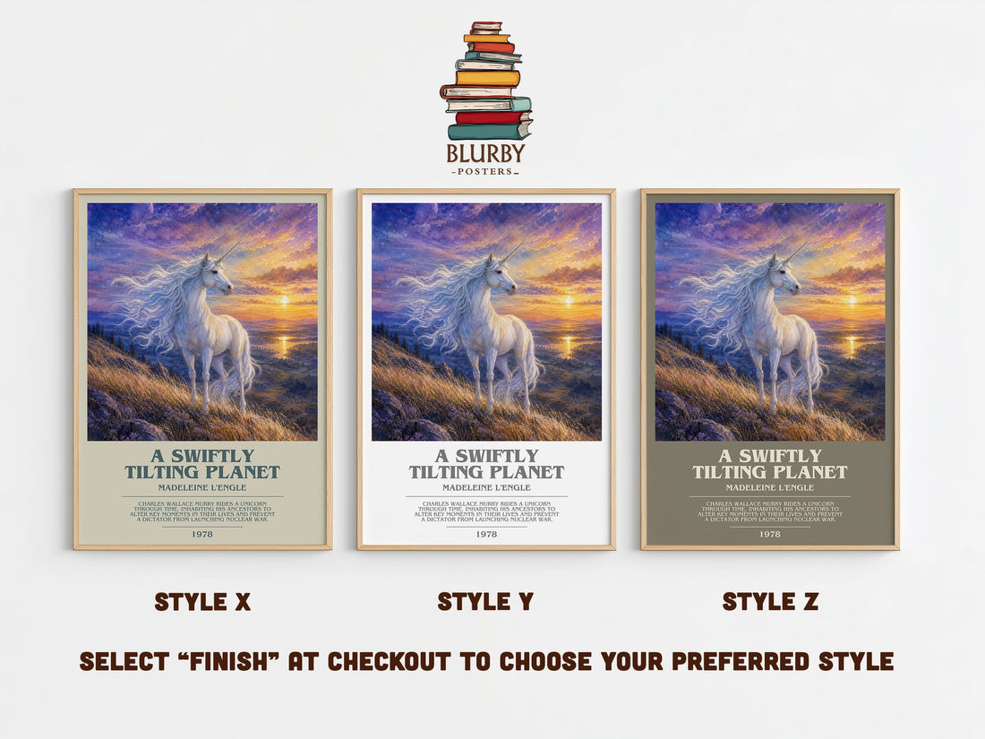 A Swiftly Tilting Planet bookish print in frame leaning in hallway – sci fi wall art (mockup)