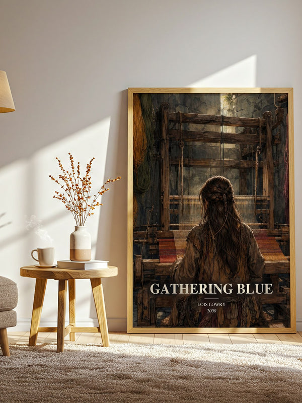 Gathering Blue watercolour print in frame leaning in hallway – dystopian wall art