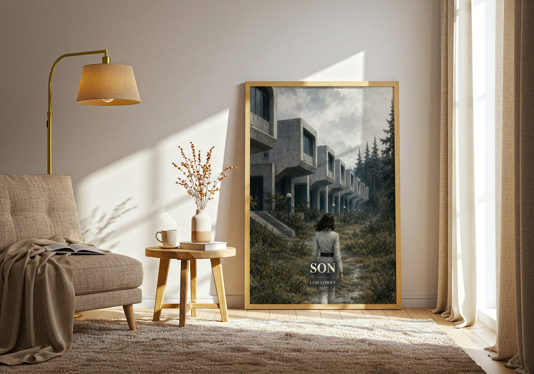 Son watercolour print in frame leaning in hallway – dystopian wall art (mockup)