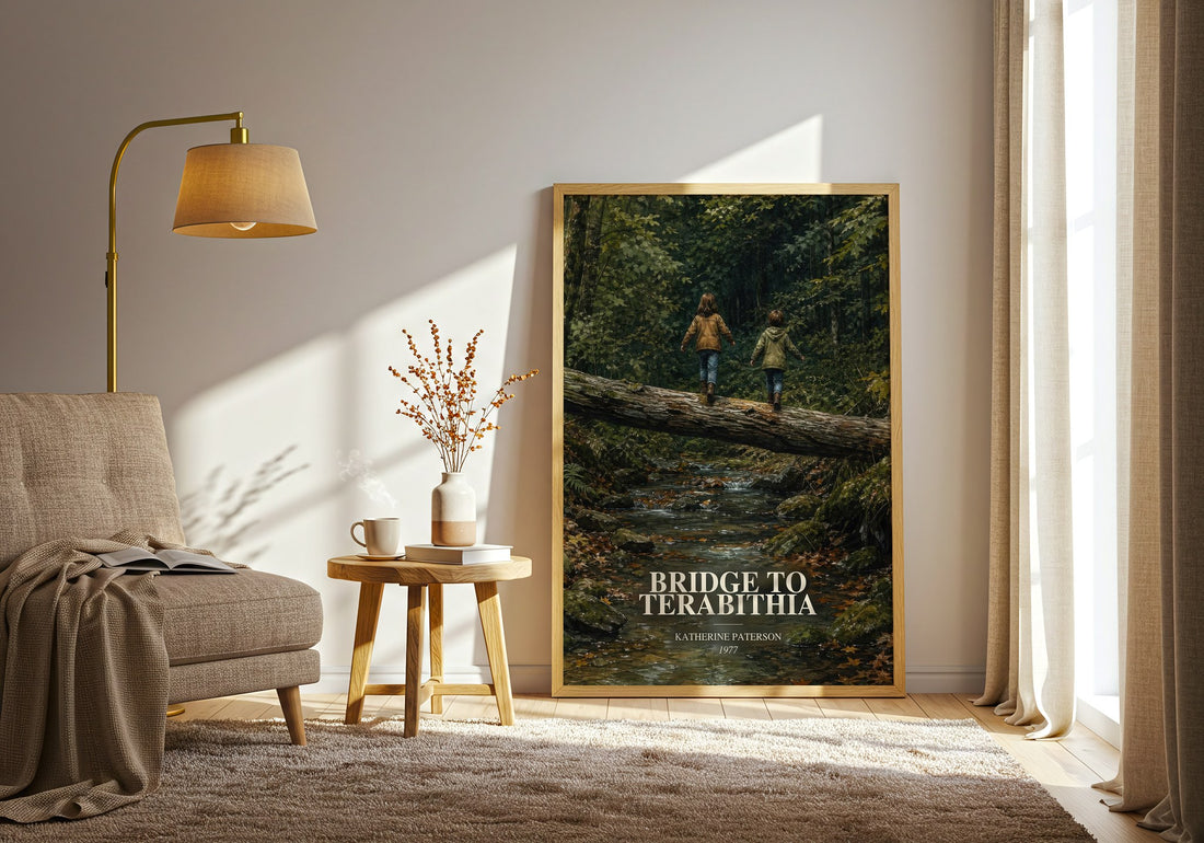 Bridge to Terabithia watercolour print in frame leaning in hallway – childrens wall art (mockup)