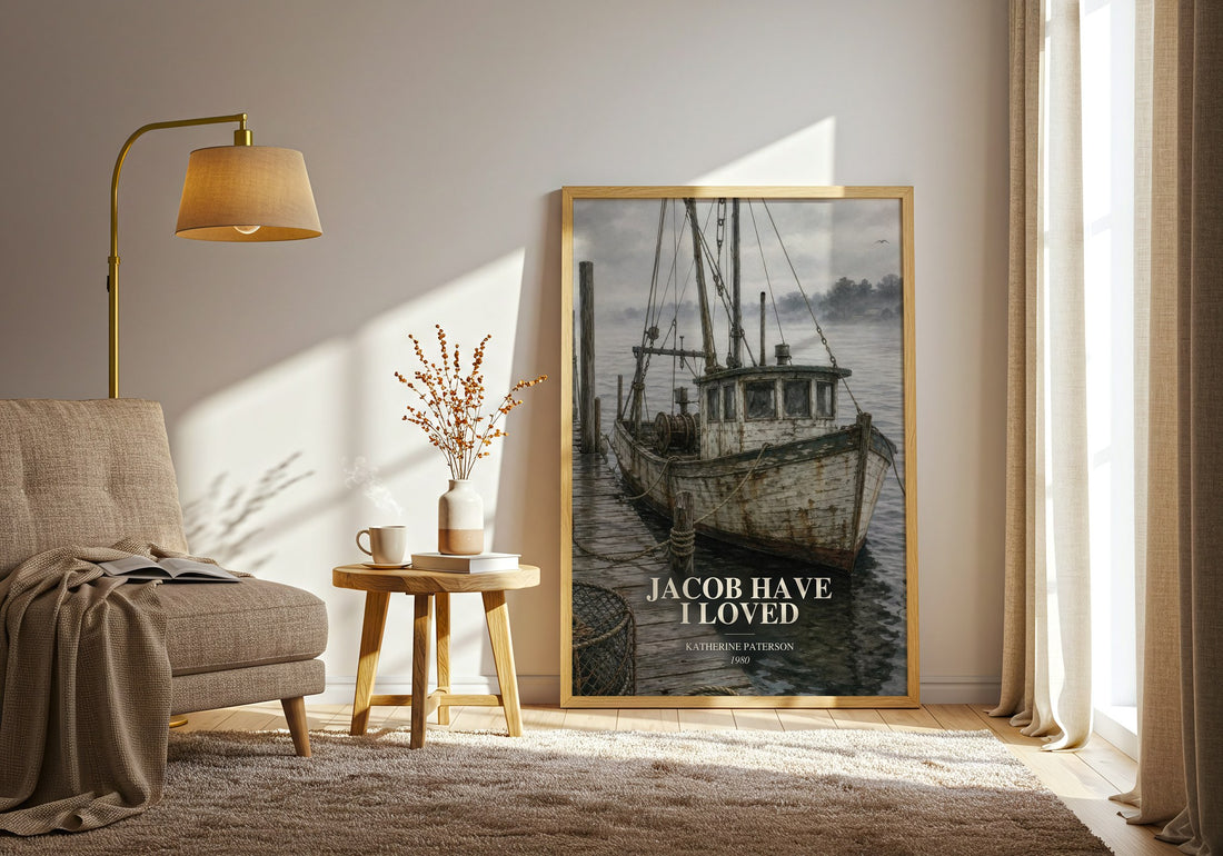 Jacob Have I Loved watercolour print in frame leaning in hallway – young adult wall art (mockup)