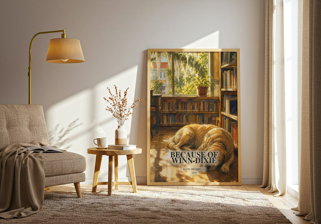 Because of Winn-Dixie watercolour print in frame leaning in hallway – childrens wall art (mockup)