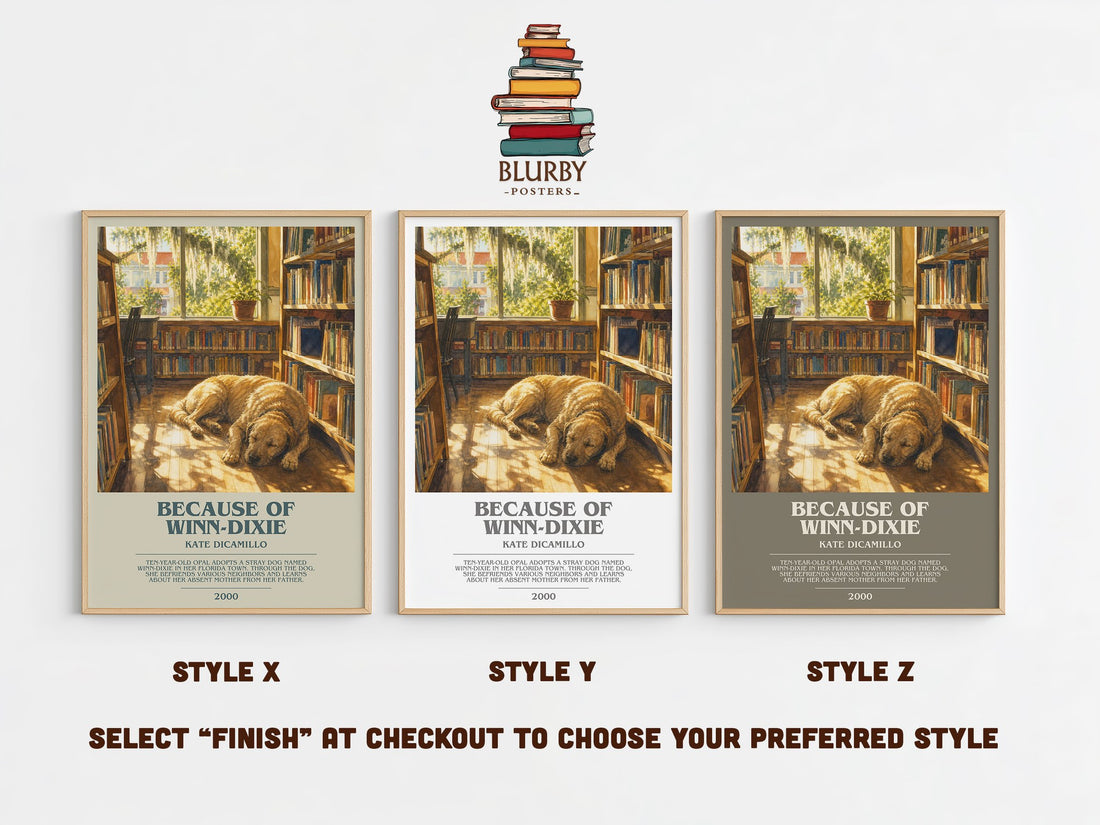 Because of Winn-Dixie bookish print in frame leaning in hallway – childrens wall art (mockup)