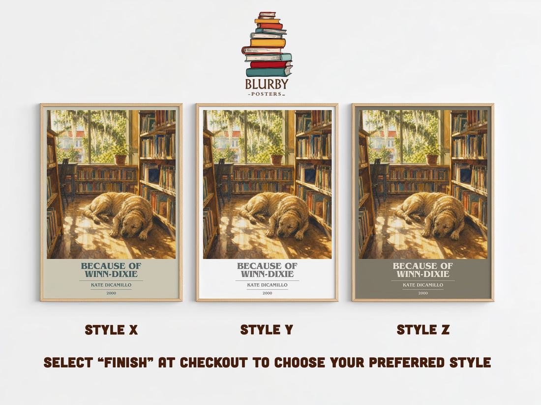 Because of Winn-Dixie book cover print in frame leaning in hallway – childrens wall art (mockup)