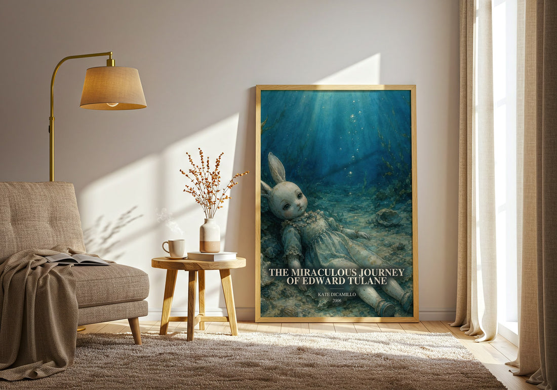 The Miraculous Journey of Edward Tulane watercolour print in frame leaning in hallway – childrens wall art (mockup)