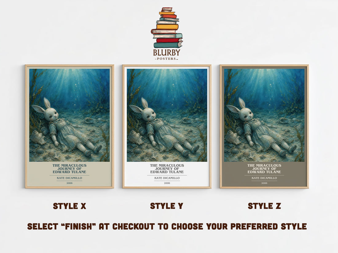 The Miraculous Journey of Edward Tulane book cover print in frame leaning in hallway – childrens wall art (mockup)