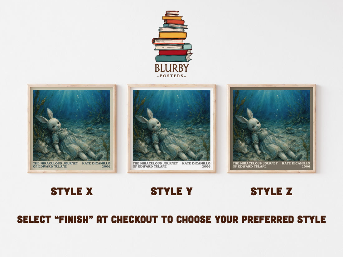 The Miraculous Journey of Edward Tulane literary print in frame leaning in hallway – childrens wall art (mockup)