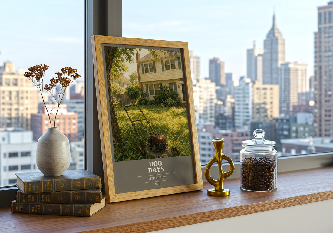 Dog Days book cover print framed by window – literary home decor