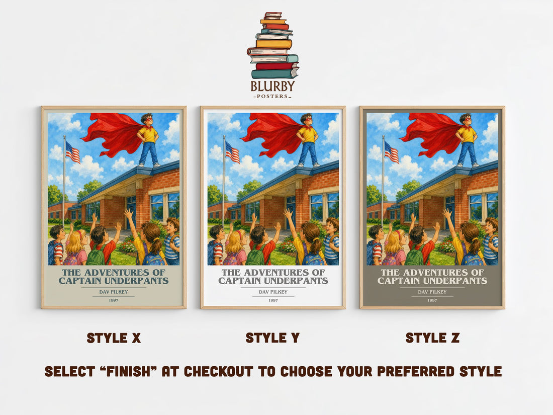 The Adventures of Captain Underpants book cover print in frame leaning in hallway – childrens wall art (mockup)