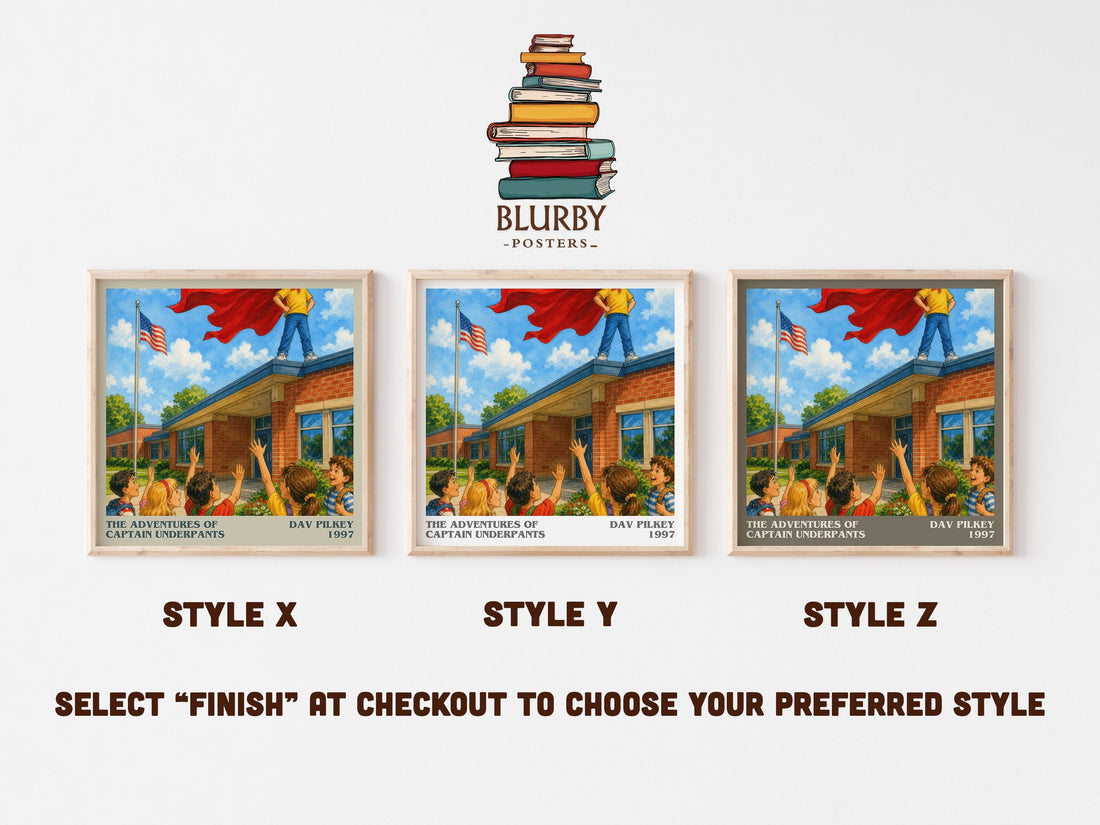 The Adventures of Captain Underpants literary print in frame leaning in hallway – childrens wall art (mockup)