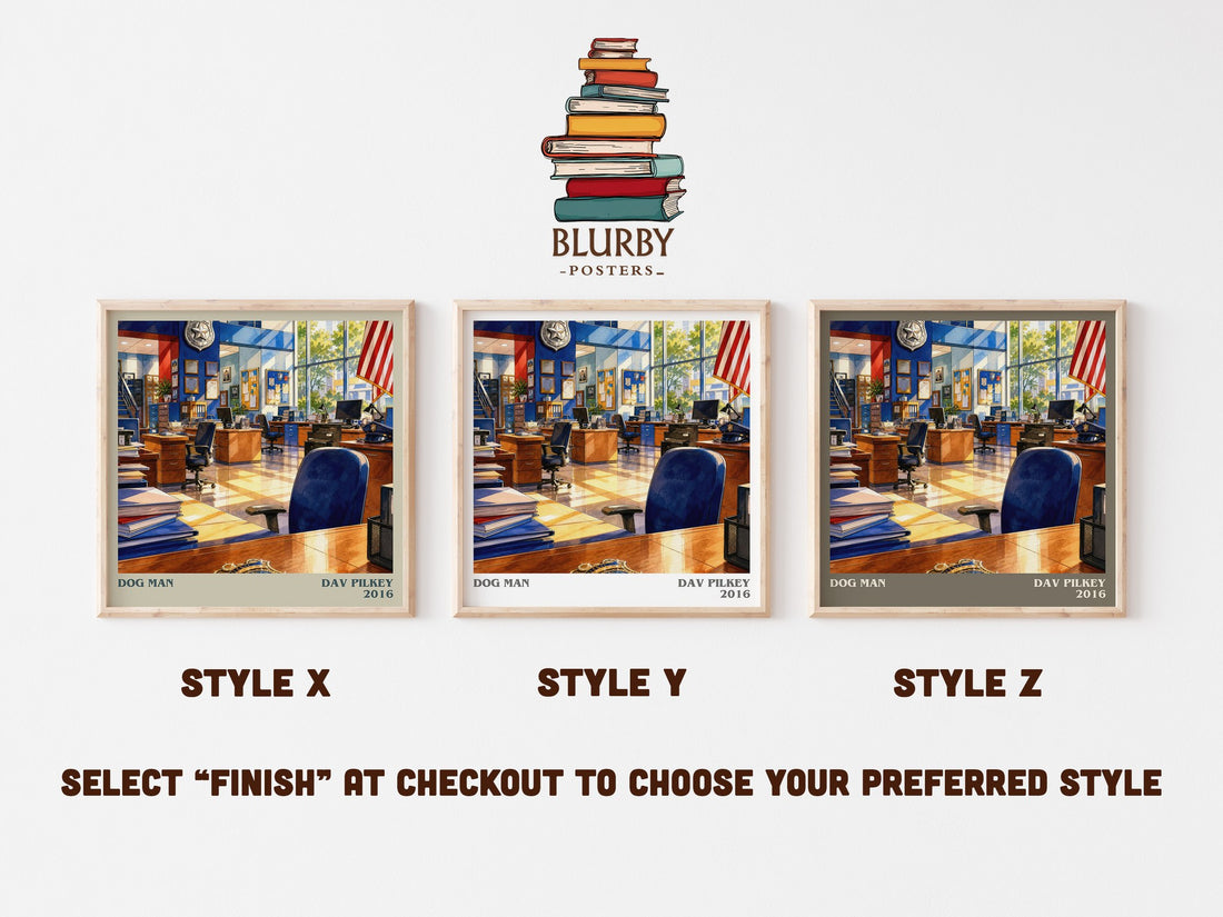 Dog Man literary print in frame leaning in hallway – childrens wall art (mockup)
