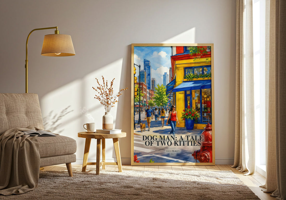 Dog Man: A Tale of Two Kitties watercolour print in frame leaning in hallway – childrens wall art (mockup)