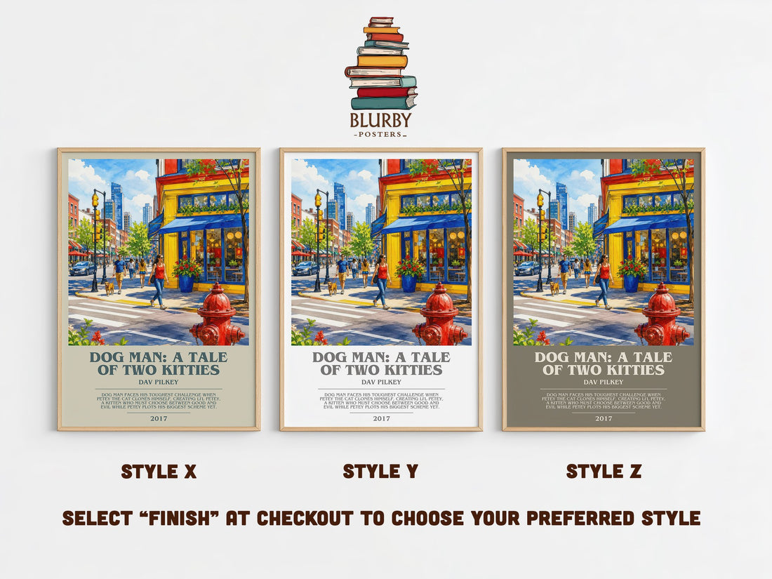 Dog Man: A Tale of Two Kitties bookish print in frame leaning in hallway – childrens wall art (mockup)