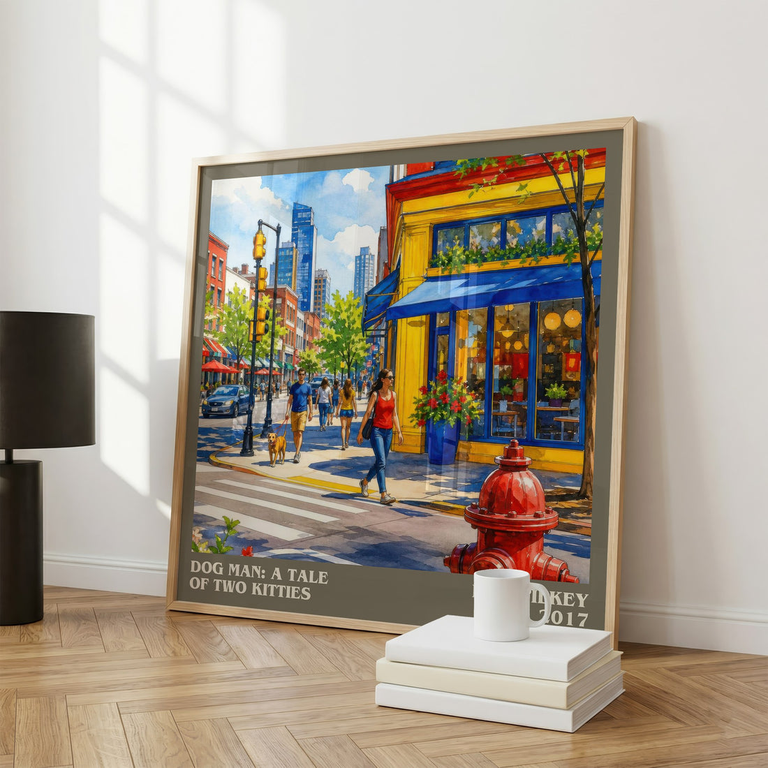 Dog Man: A Tale of Two Kitties literary print framed by window – literary home decor