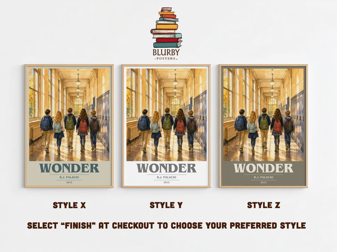 Wonder book cover print in frame leaning in hallway – contemporary fiction wall art (mockup)