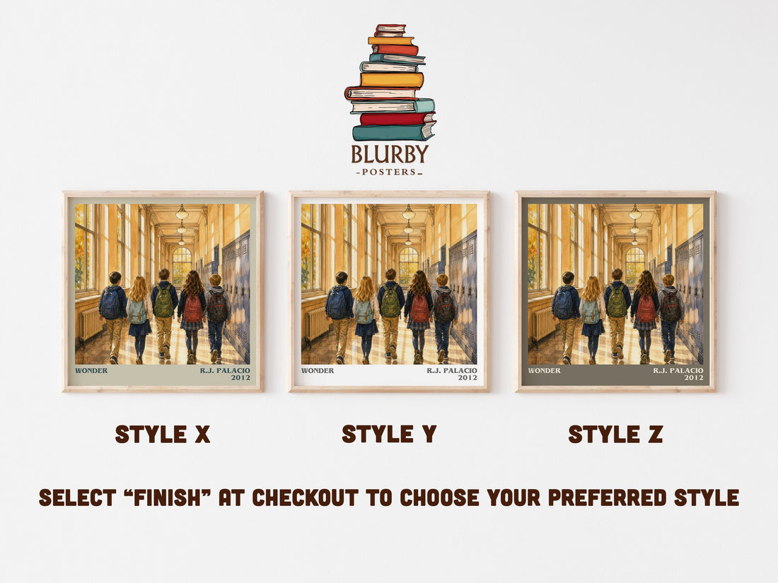 Wonder literary print in frame leaning in hallway – contemporary fiction wall art (mockup)