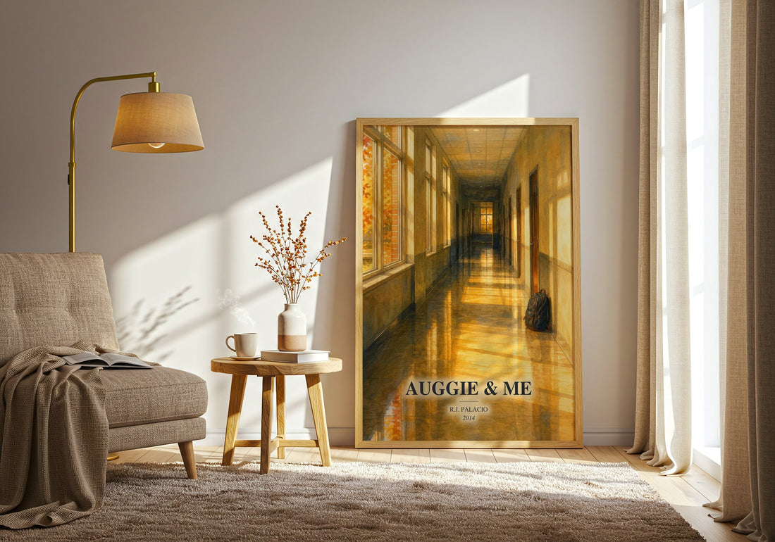 Auggie & Me watercolour print in frame leaning in hallway – young adult wall art (mockup)