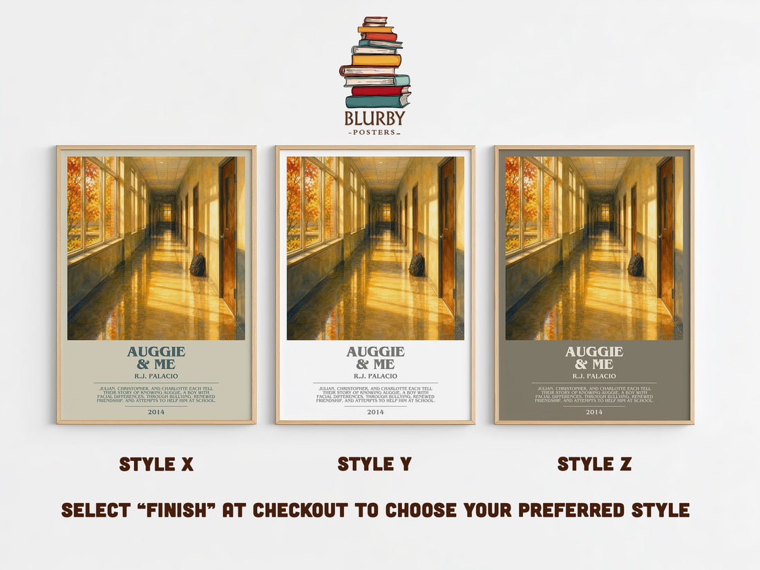 Auggie & Me bookish print in frame leaning in hallway – young adult wall art (mockup)