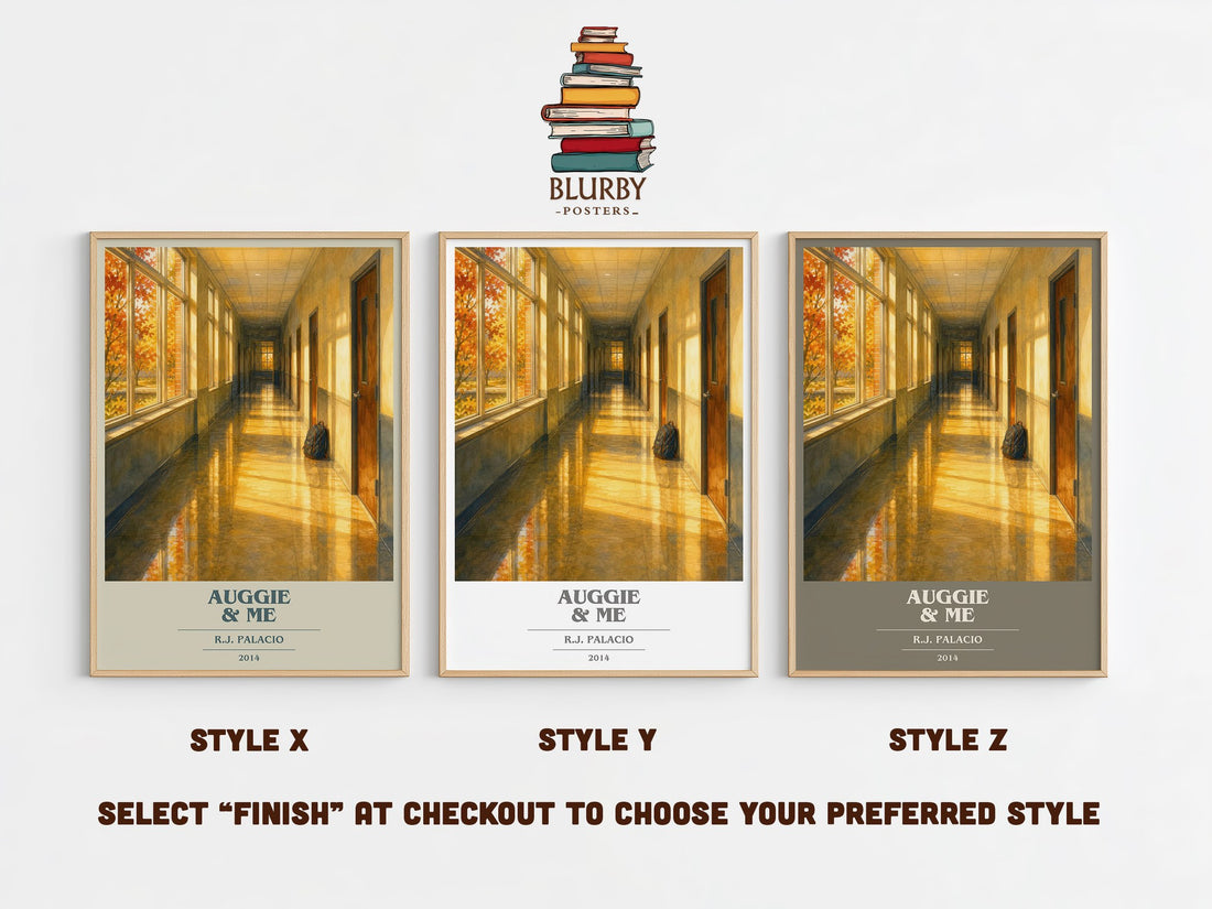 Auggie & Me book cover print in frame leaning in hallway – young adult wall art (mockup)