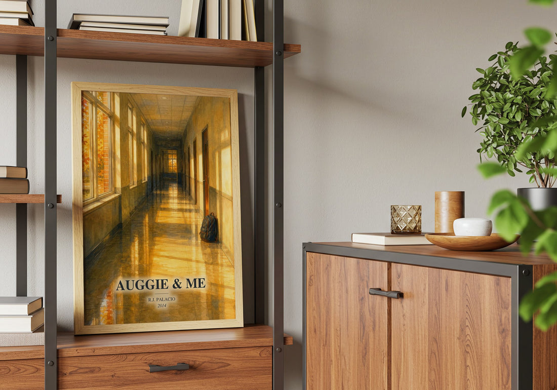 Auggie & Me Book Watercolour Illustration by R.J. Palacio – framed print on a shelf by a wooden cabinet