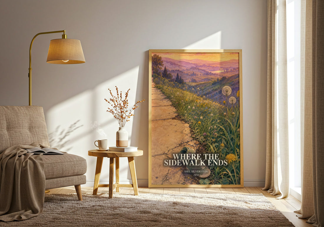 Where the Sidewalk Ends watercolour print in frame leaning in hallway – poetry wall art (mockup)