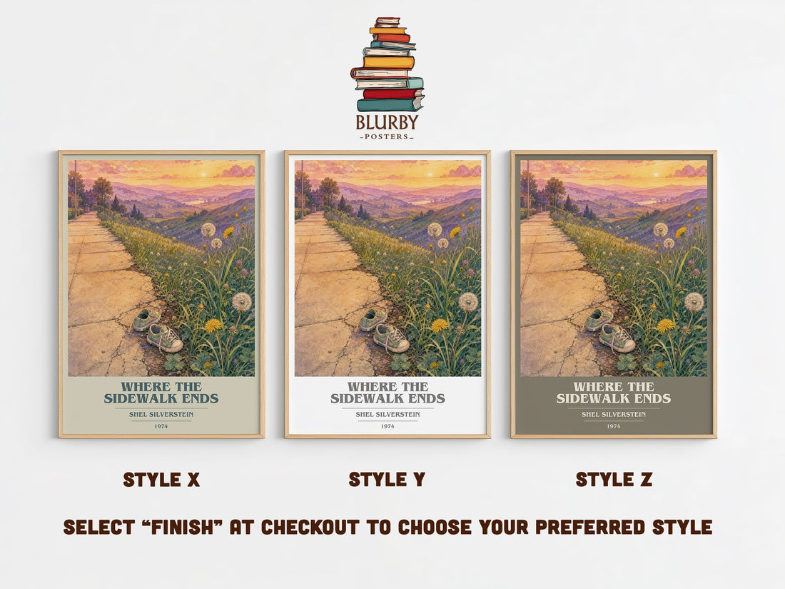 Where the Sidewalk Ends book cover print in frame leaning in hallway – poetry wall art (mockup)