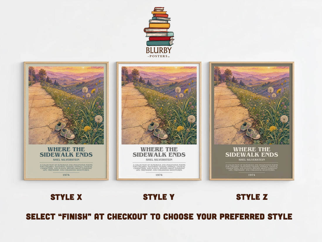Where the Sidewalk Ends bookish print in frame leaning in hallway – poetry wall art (mockup)