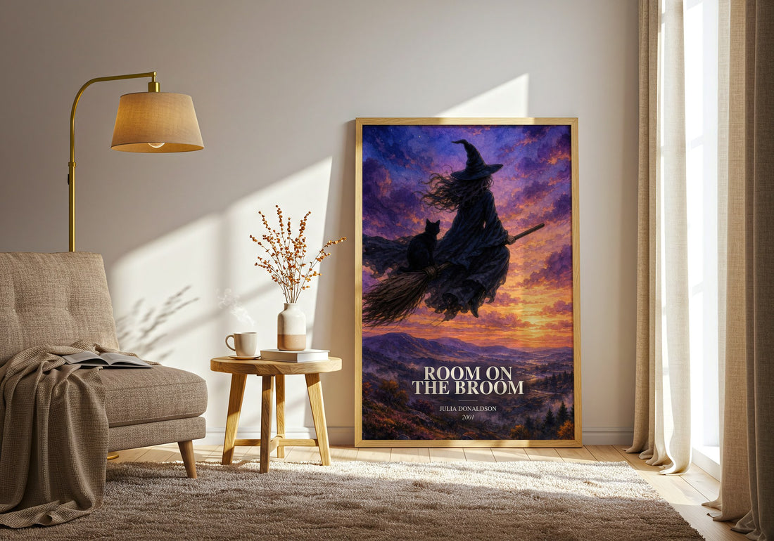 Room on the Broom watercolour print in frame leaning in hallway – childrens wall art (mockup)