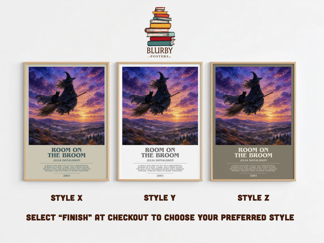 Room on the Broom bookish print in frame leaning in hallway – childrens wall art (mockup)